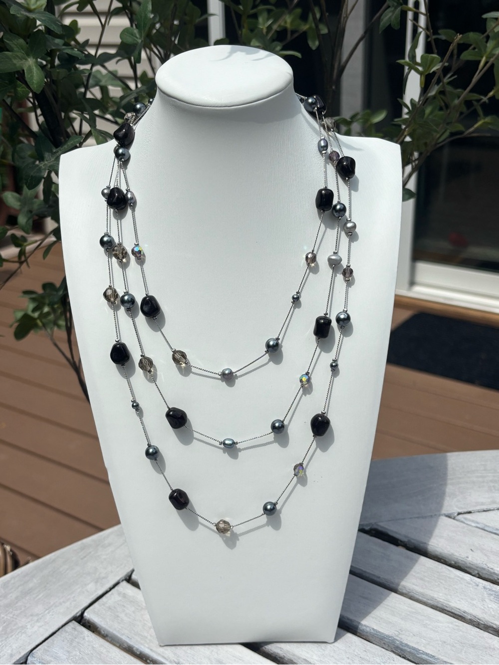 Three-Strand Black Beaded Necklace with Silver Accents for Women
